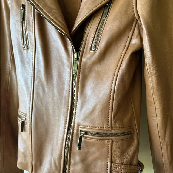 NWOT Michael Kors Brown Leather Jacket Size XS - Picture 4 of 9